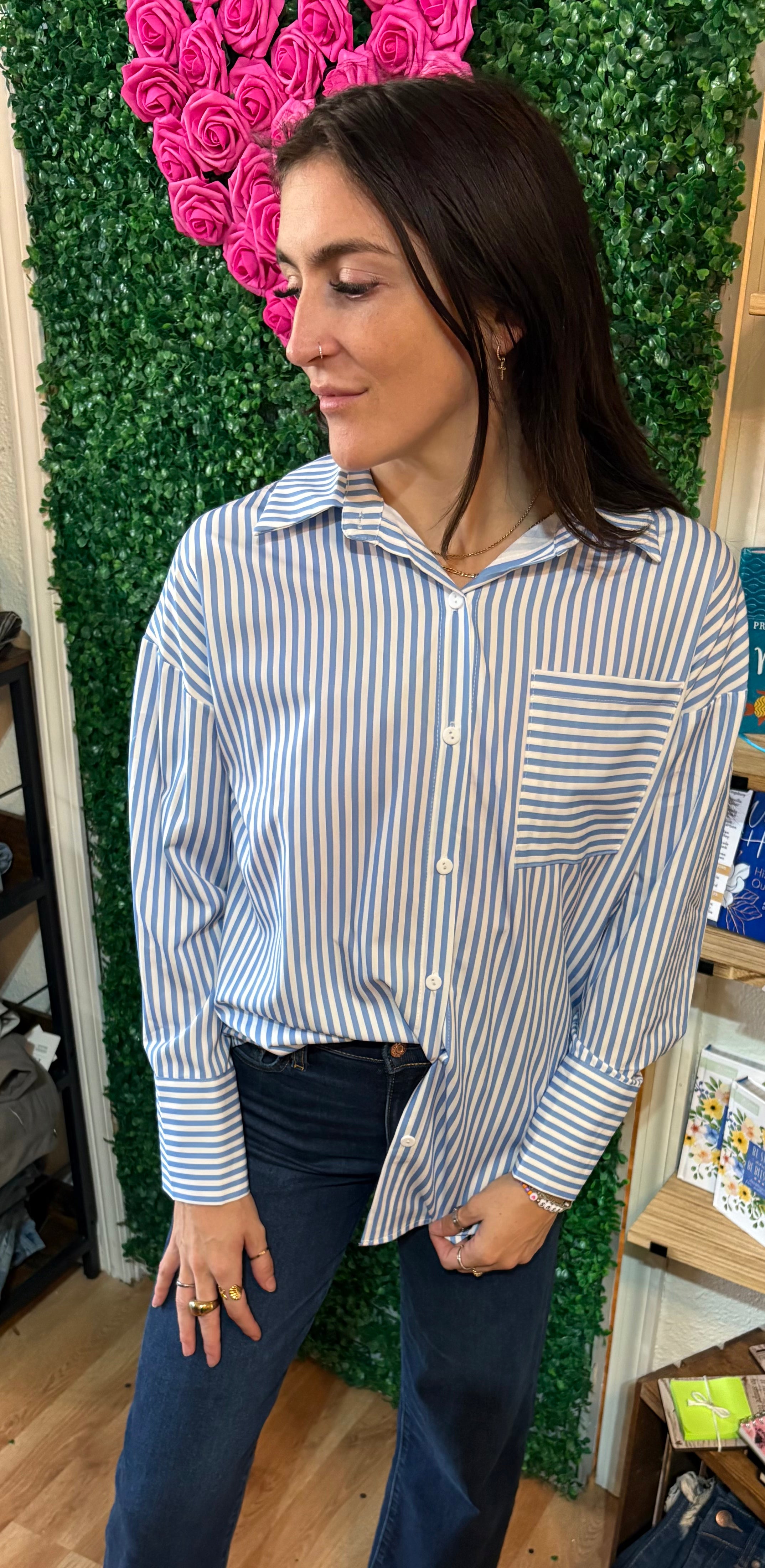 Boyfriends oversized pinstripe button up